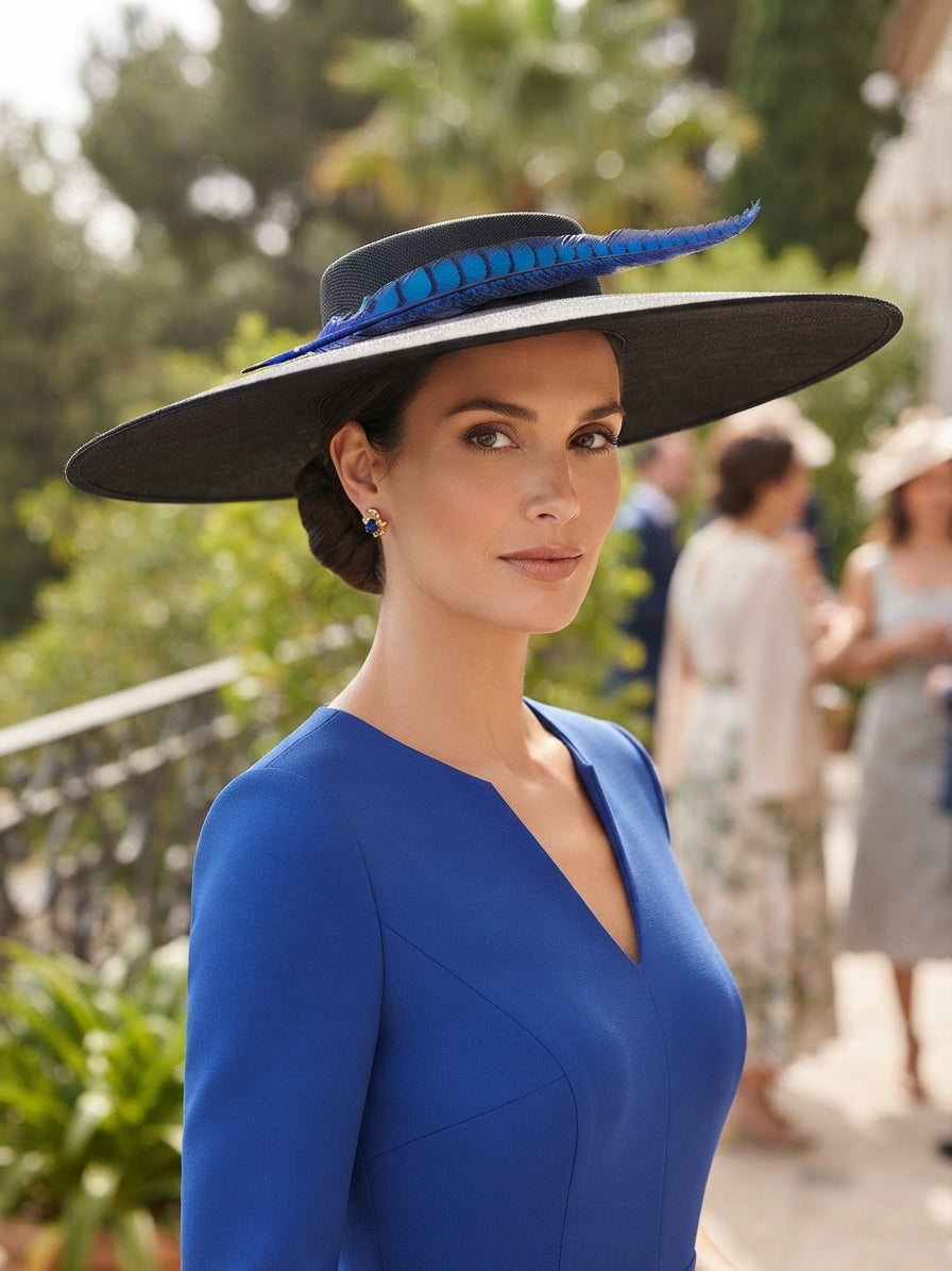 Invitada con pamela negra y plumas azules para una boda de día