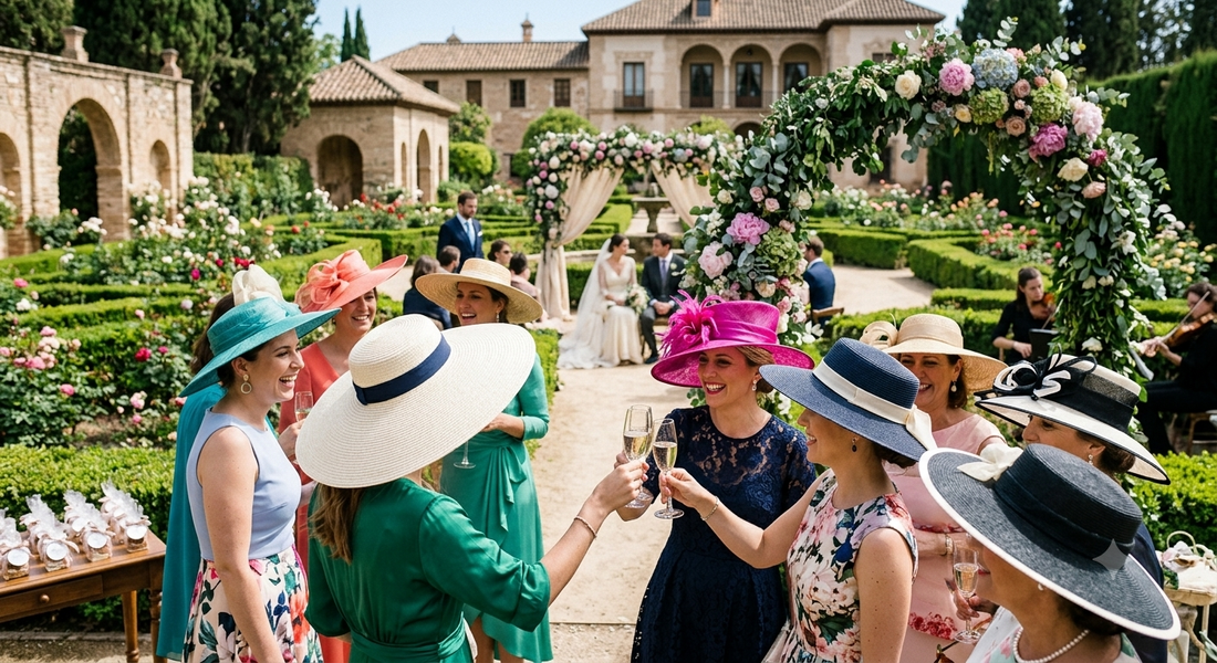 Mujeres con pamela en una boda en Sevilla