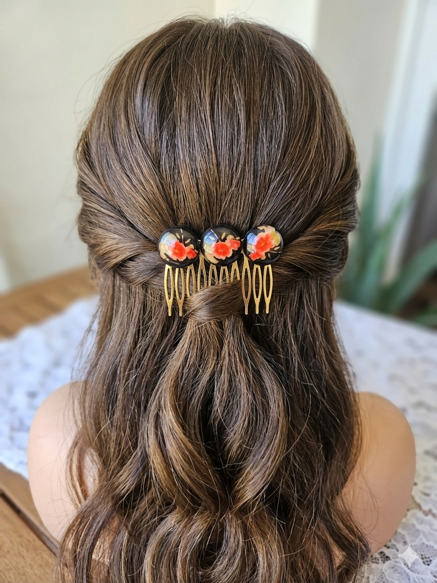 Peineta dorada con flores rojas colocada en el cabello, vista trasera