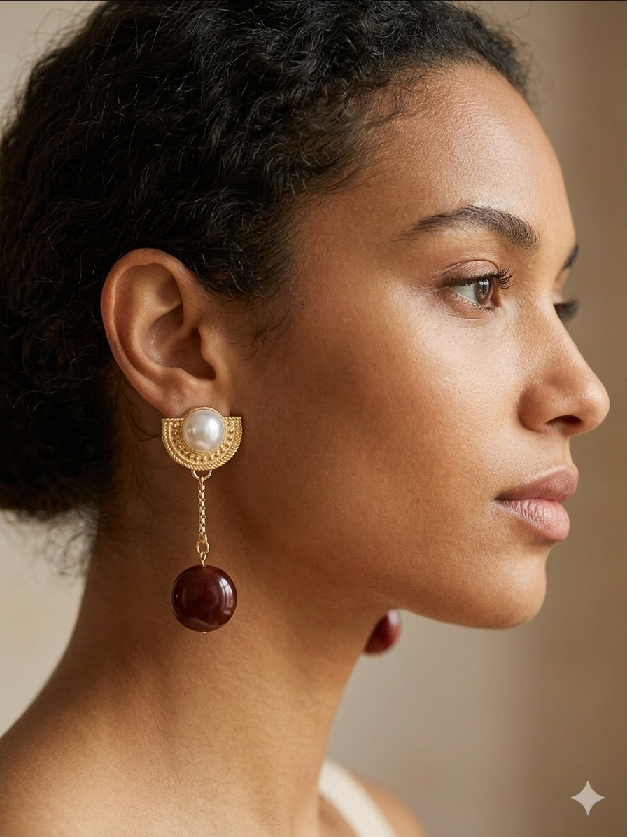 Pendiente colgante con perla blanca y gota roja, sobre oreja, estilo dorado.