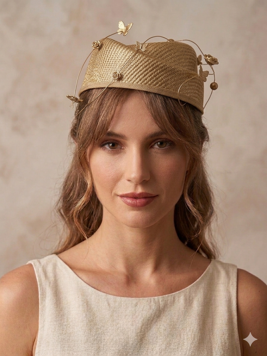 Sombrero de rafia dorada con mariposas y adorno colgante, ala corta