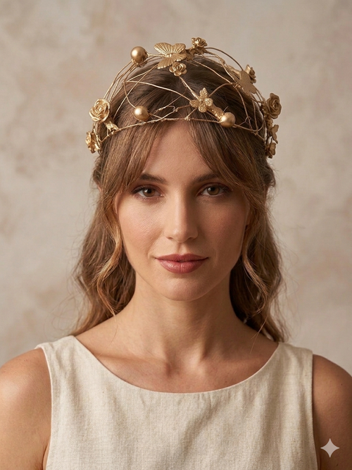 Casquete floral dorado con alambres y mariposas, usado sobre cabello castaño.