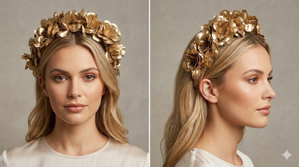 Diadema dorada floral sobre el cabello, vista de frente y de perfil