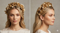 Diadema dorada floral sobre el cabello, vista de frente y de perfil