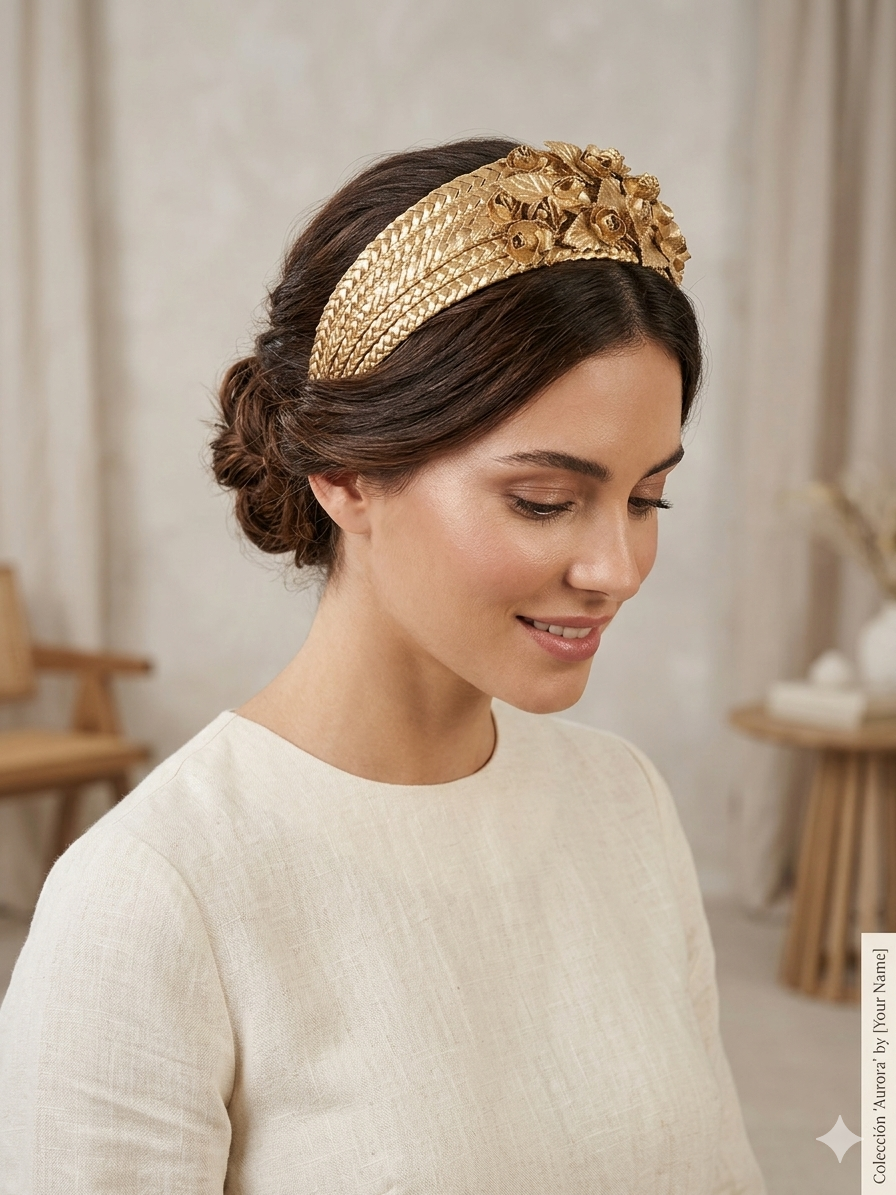 Diadema Lita dorada con banda tejida y motivos florales