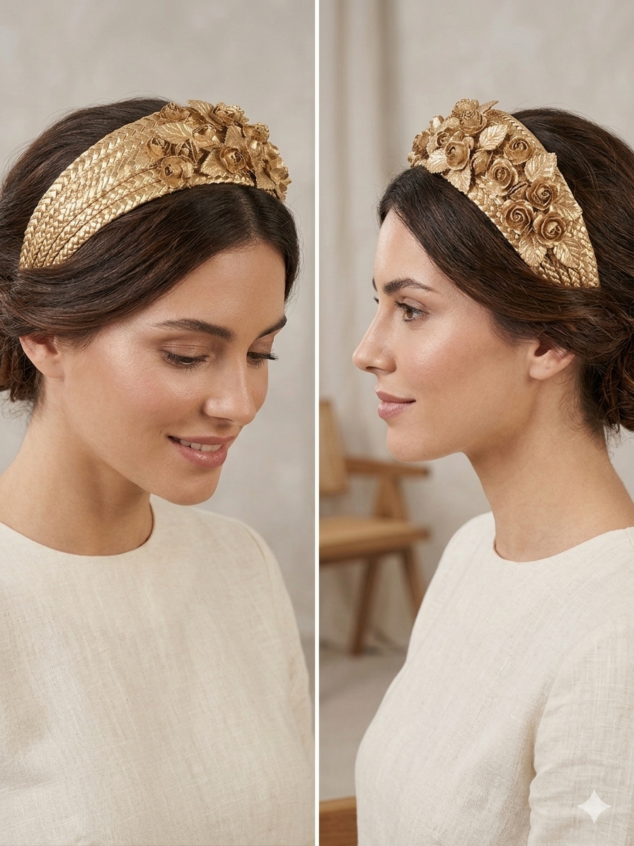 Diadema dorada con rosas ornamentales sobre diadema ancha