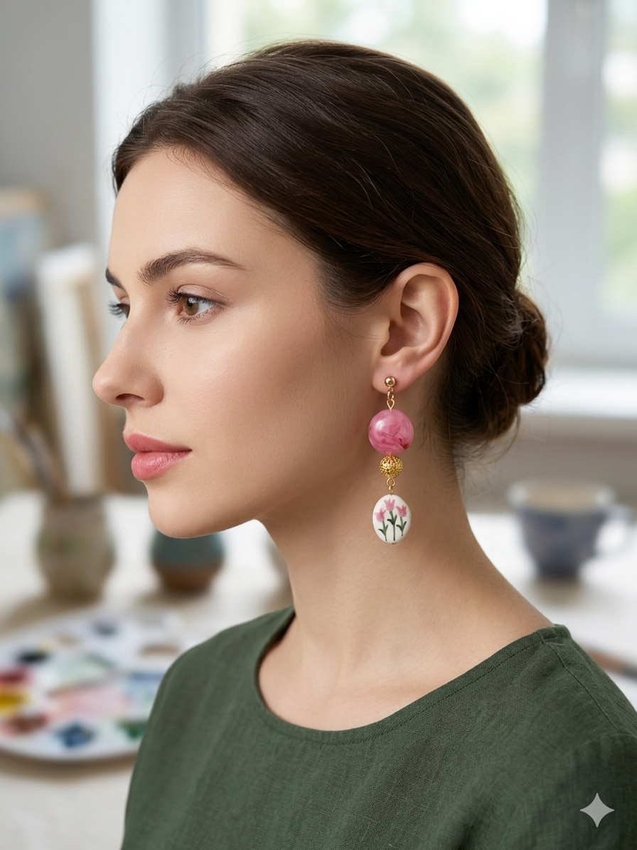 Pendientes Fiult largos con cuentas rosas y dijes florales; se ven desde el perfil