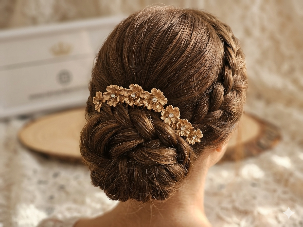 Peinado con moño y adorno floral dorado en el cabello