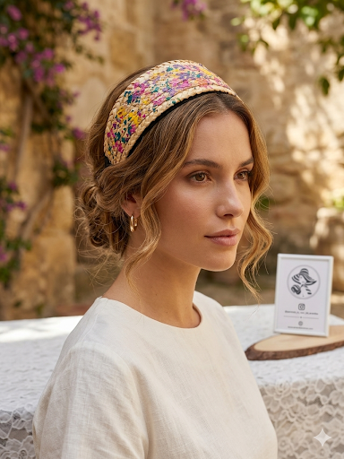 Diadema trenzada multicolor en la cabeza, base beige con detalles morados y amarillos