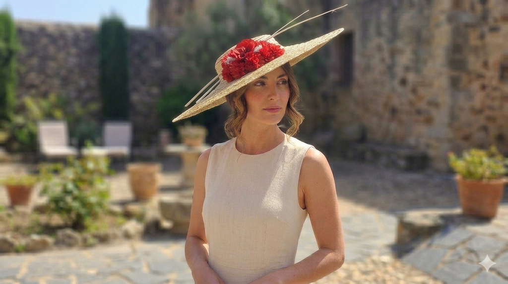 Pamela de paja de ala ancha con flor roja, llevada por una modelo