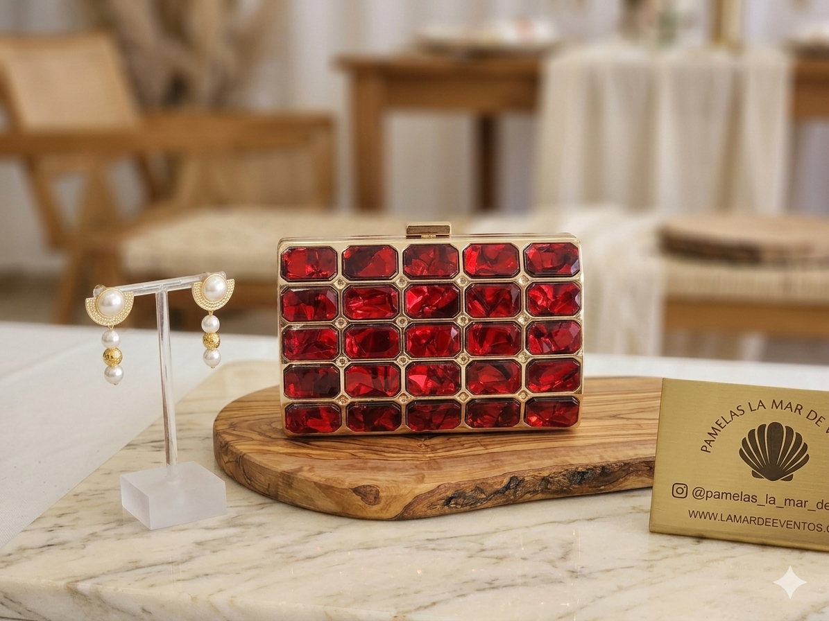 Bolso Esmeralda clutch de joya rojo rubí artesanal hecho a mano en Sevilla | La Mar de Eventos