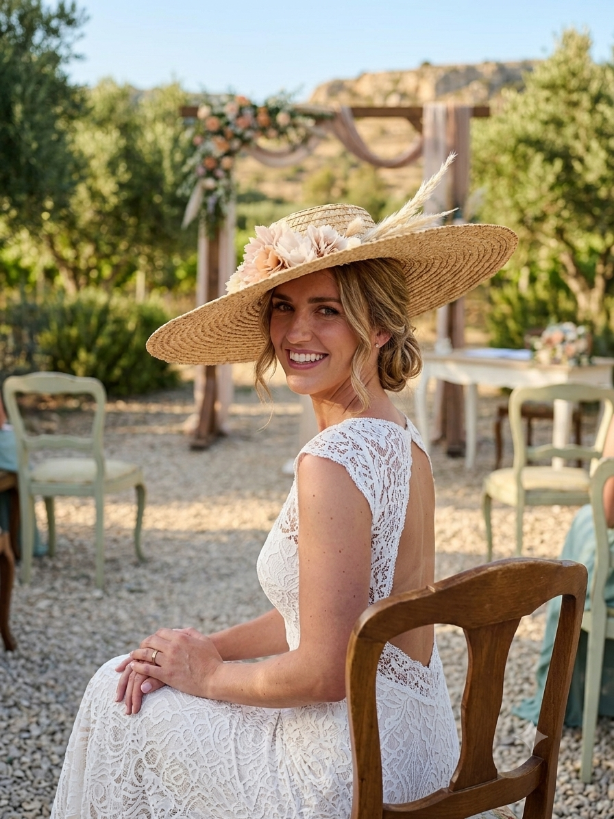 Sombrero de paja de ala grande con flores beige y cinta blanca, estilo trenzado