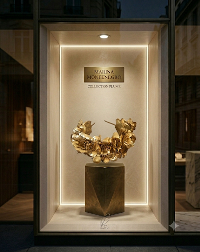 Diadema dorada con flores, exhibida en vitrina sobre soporte