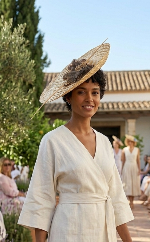 Sombrero tipo pamela beige con tocado floral y plumas, usado con vestido blanco