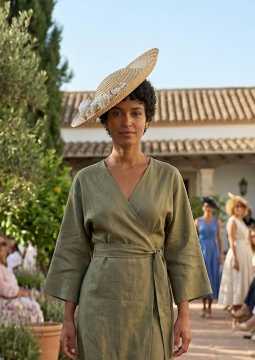 Sombrero de paja beige de ala ancha con flores blancas en modelo con vestido verde