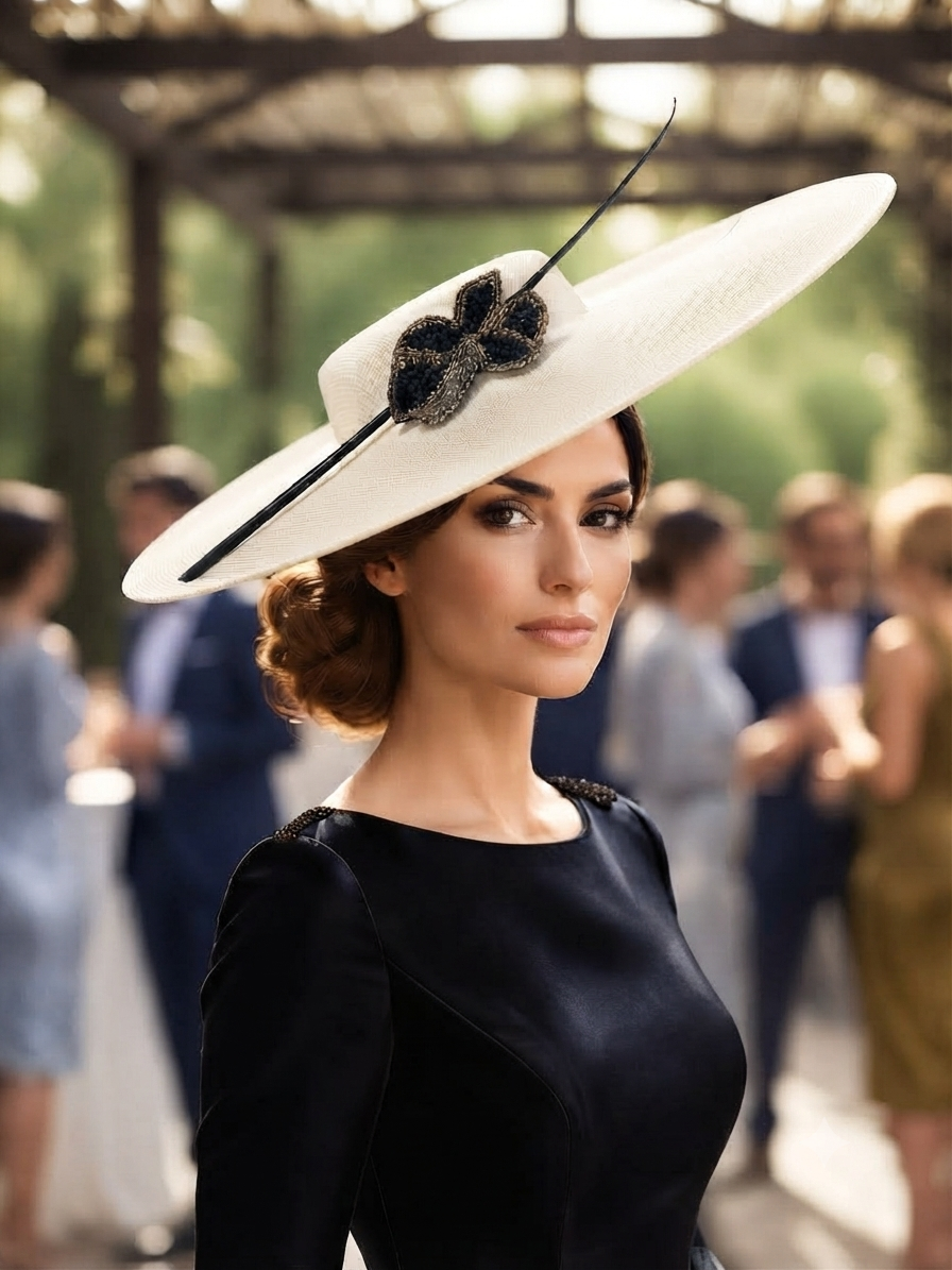 Sombrero de ala ancha claro con adorno mariposa negro y dorado, en mujer