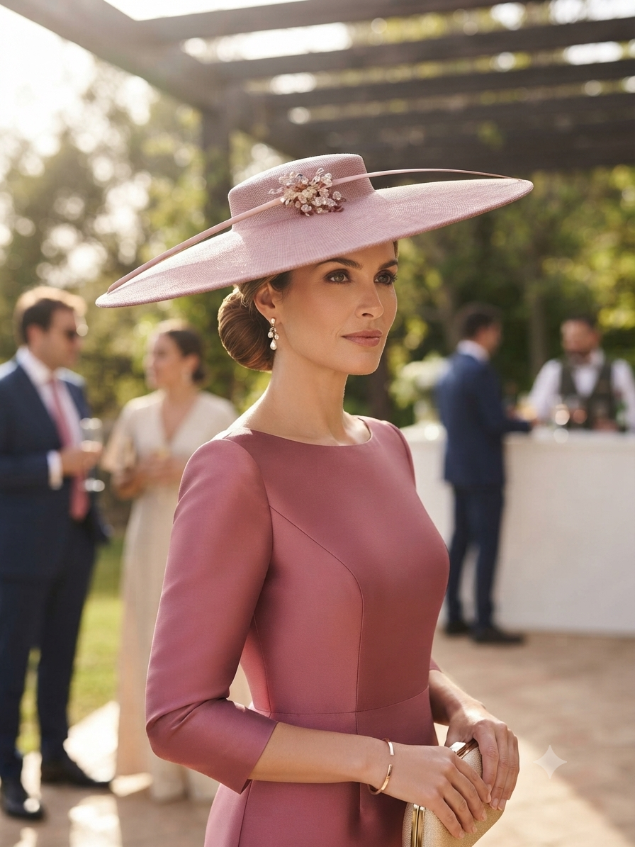 Sombrero tipo pamela rosa de ala ancha con adorno floral