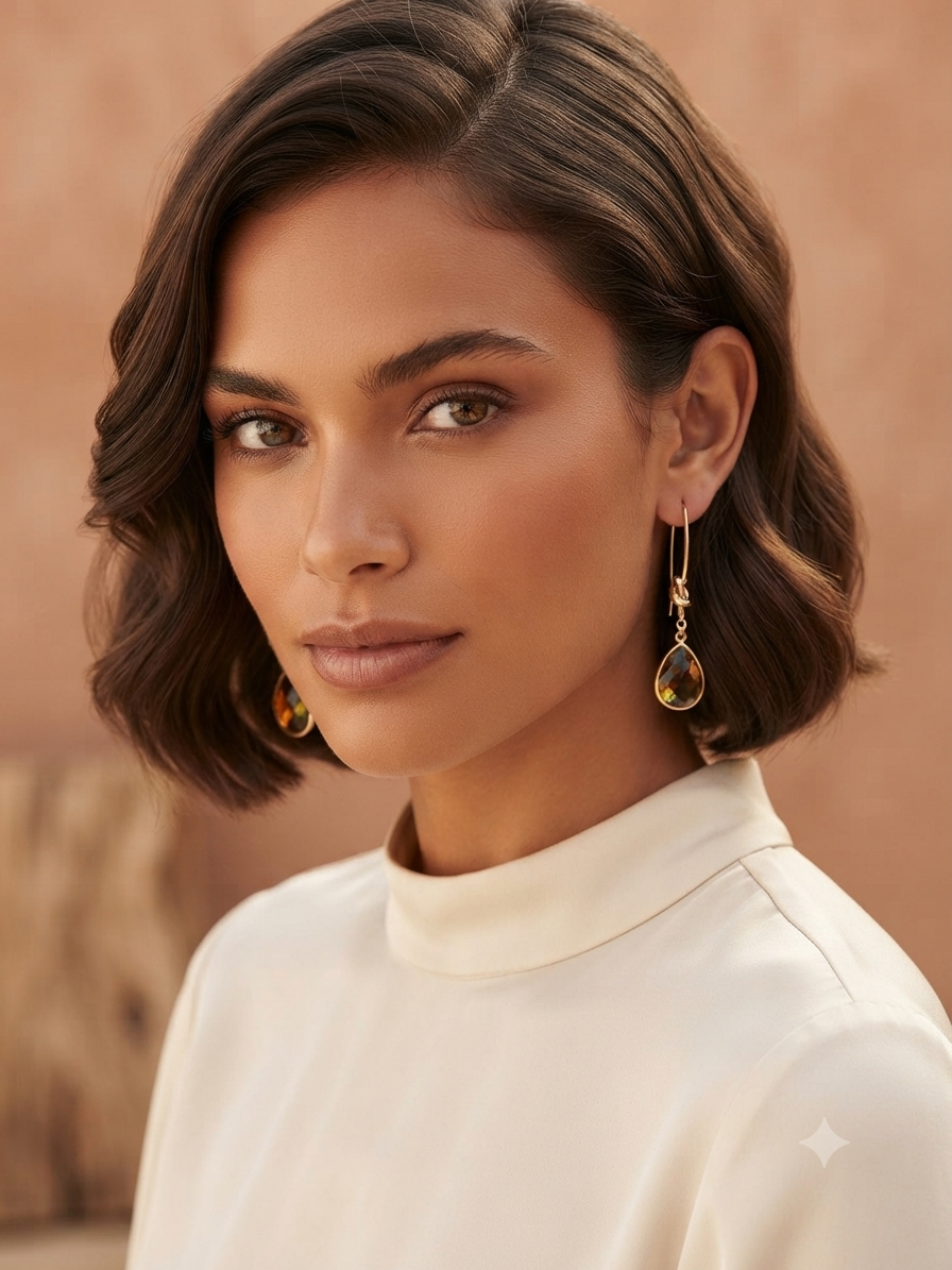 Pendientes dorados con gota ámbar colgante; mujer con cabello corto peinado