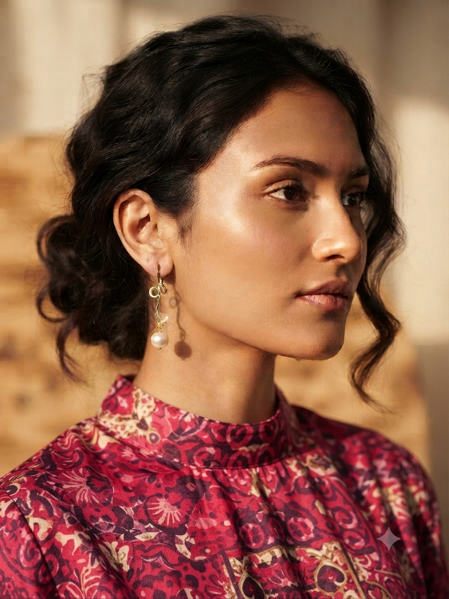 Pendientes dorados colgantes con perla, modelo con pelo oscuro y top estampado
