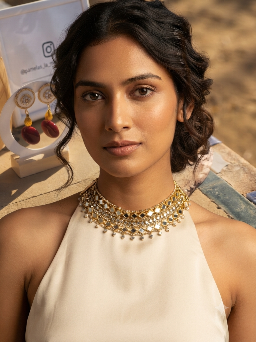 Gargantilla dorada de pedrería cuadrada sobre modelo, collar ajustado