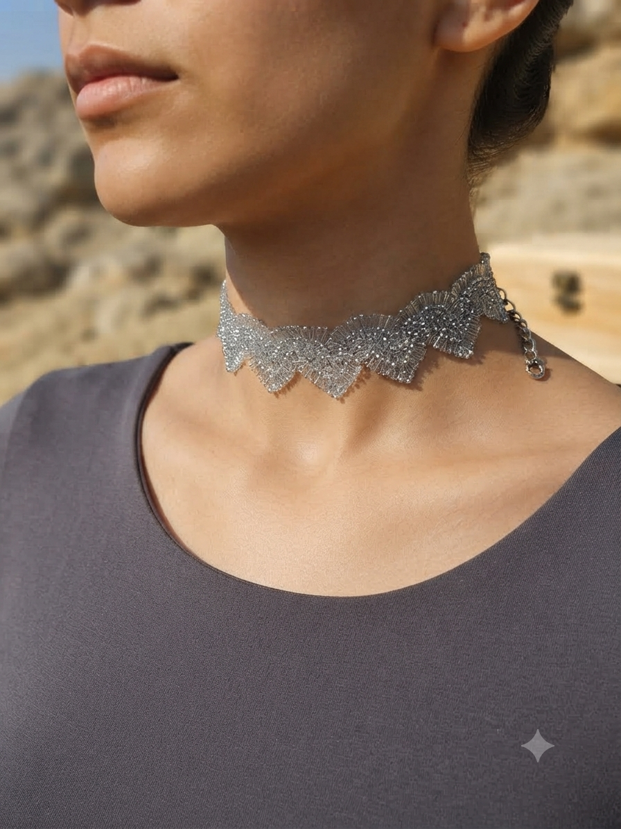 Gargantilla choker plateada de pedrería, collar ajustable, vista en el cuello