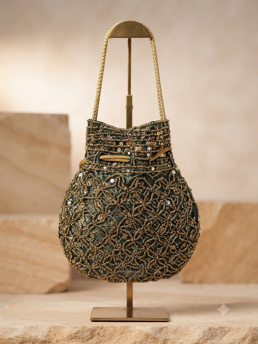 Bolso tipo saco bordado turquesa y dorado con asas de cuerda y soporte