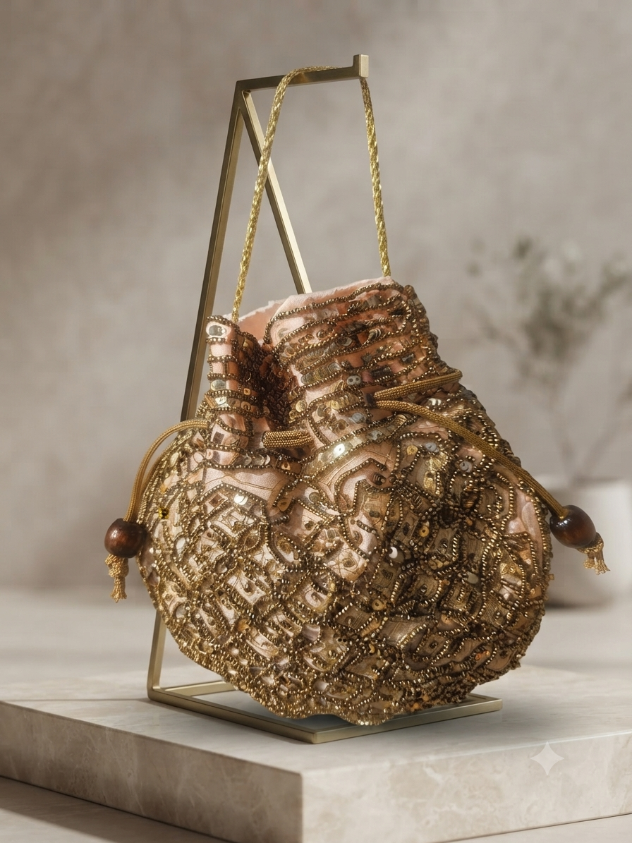 Bolso saco bordado con cuentas doradas y marrones, con cordón y borlas, sobre soporte