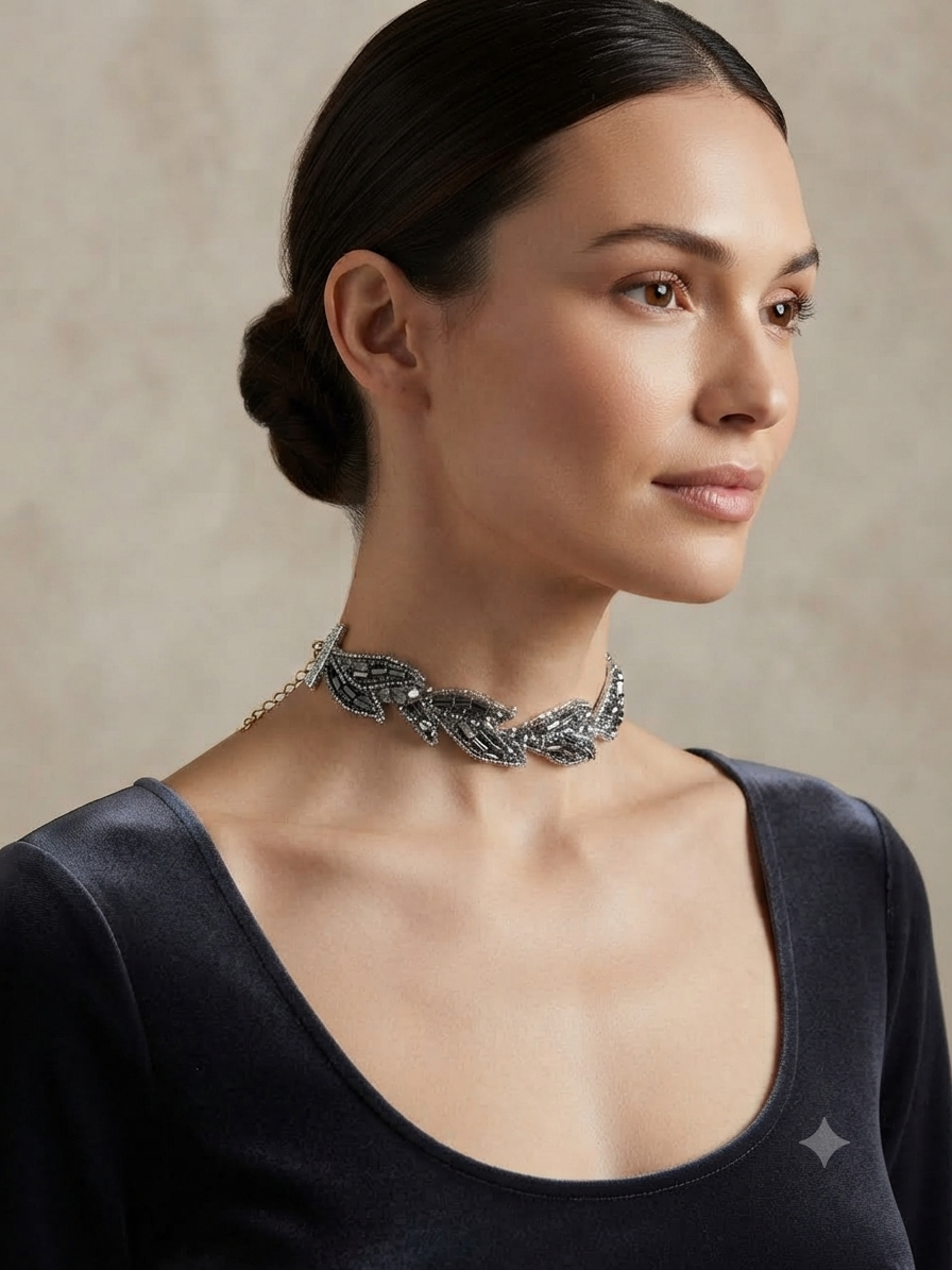 Gargantilla choker con pedrería plateada y oscura, ajustada al cuello