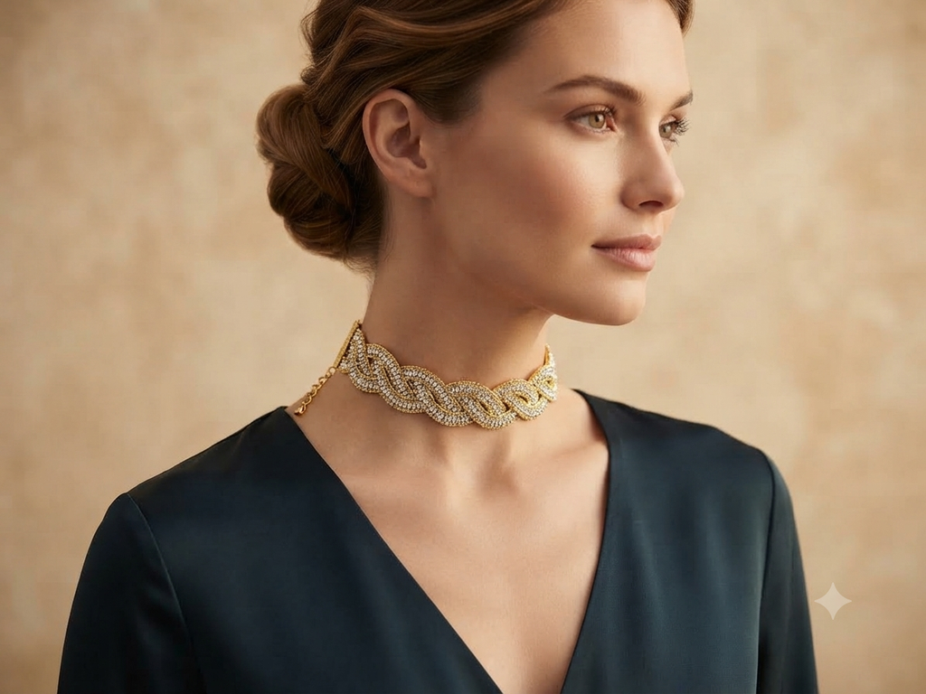 Choker de cuentas con olas doradas y plateadas, puesto en el cuello