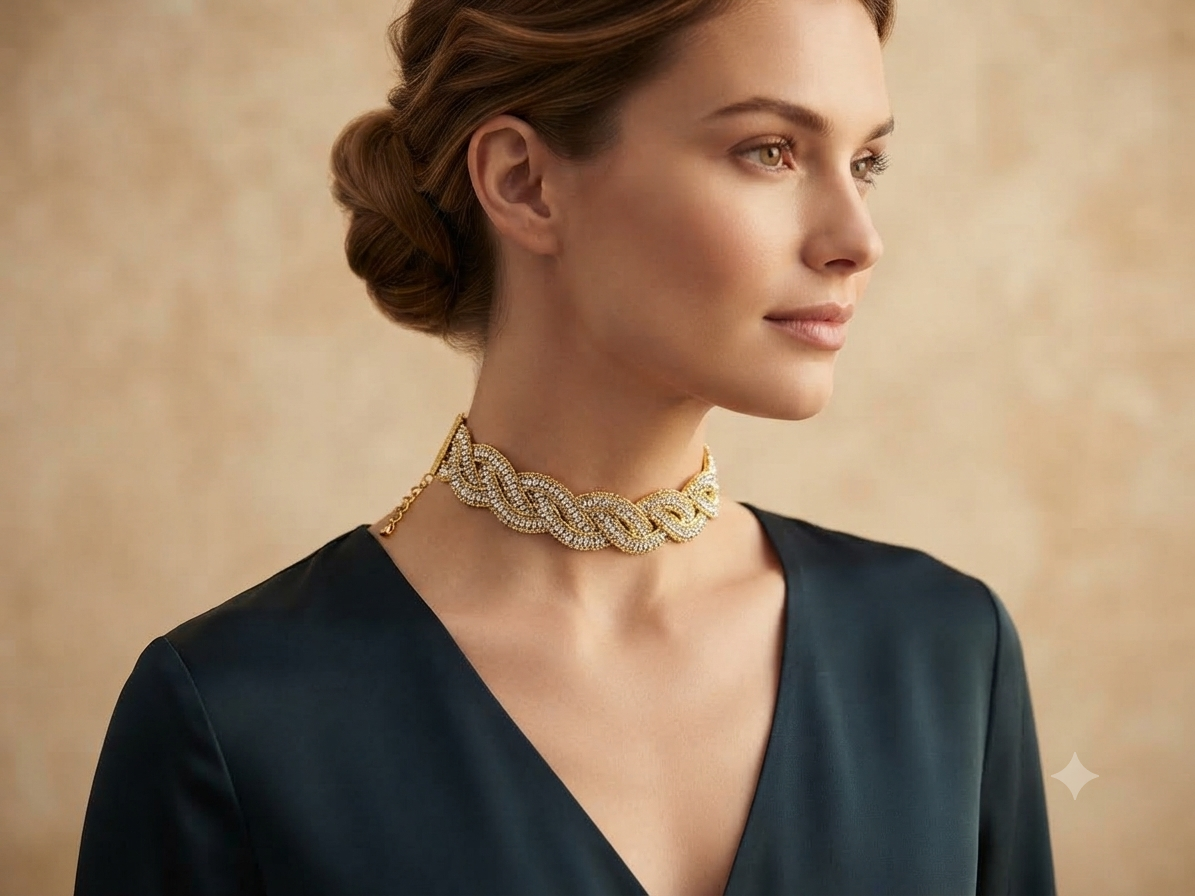 Choker de cuentas con olas doradas y plateadas, puesto en el cuello