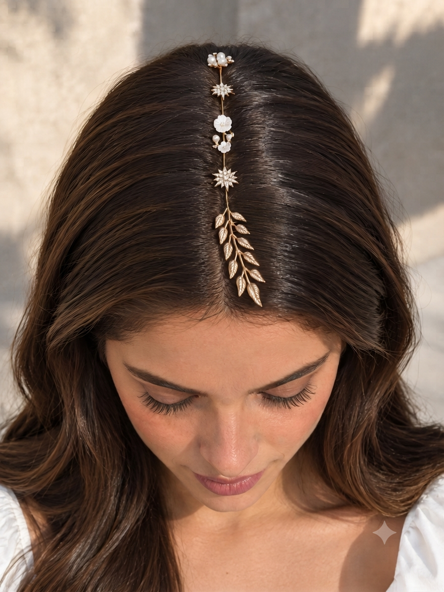 Peineta/cubre raíz para el cabello con hojas doradas, estrellas y cuentas perladas