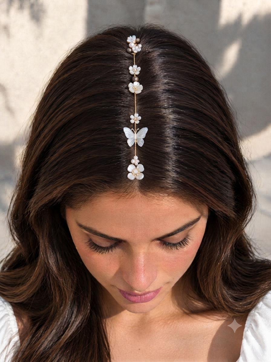 Cubre raíz con diadema floral de mariposas plateadas, usado en el cabello