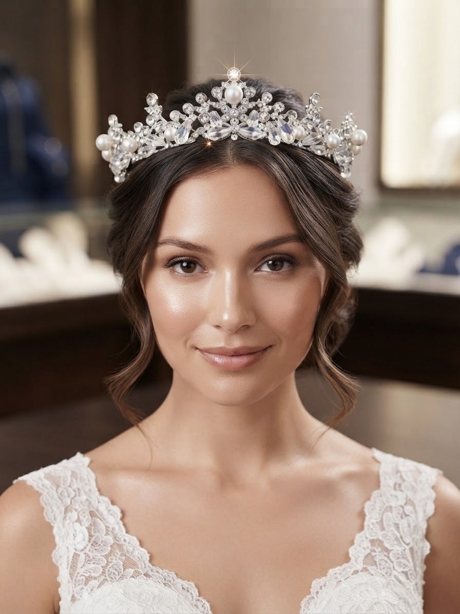 Tiara de novia Fátima plateada con pedrería y perlas, sobre cabello