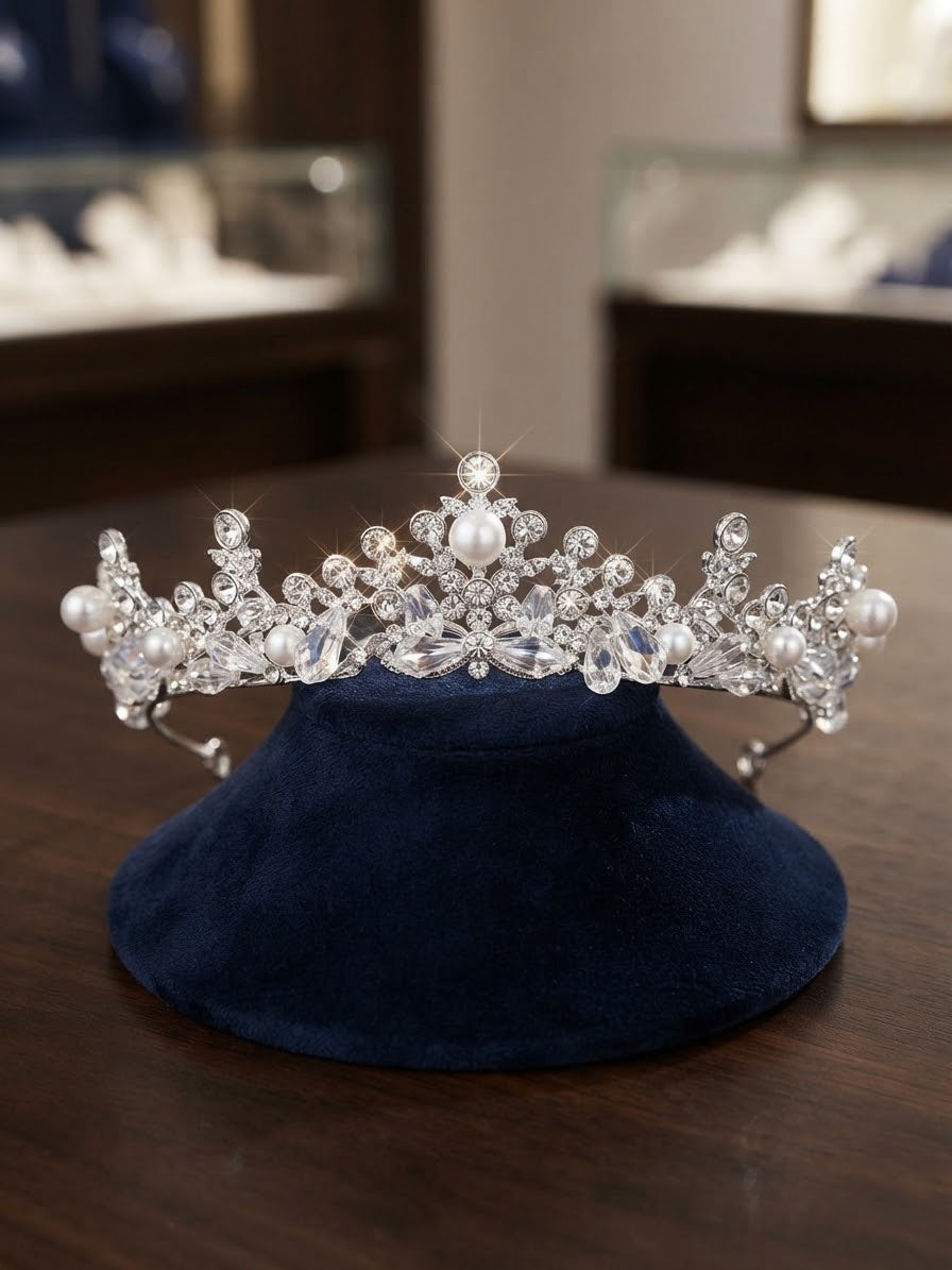 Corona de novia Fátima plateada con pedrería y perlas, sobre cojín azul marino
