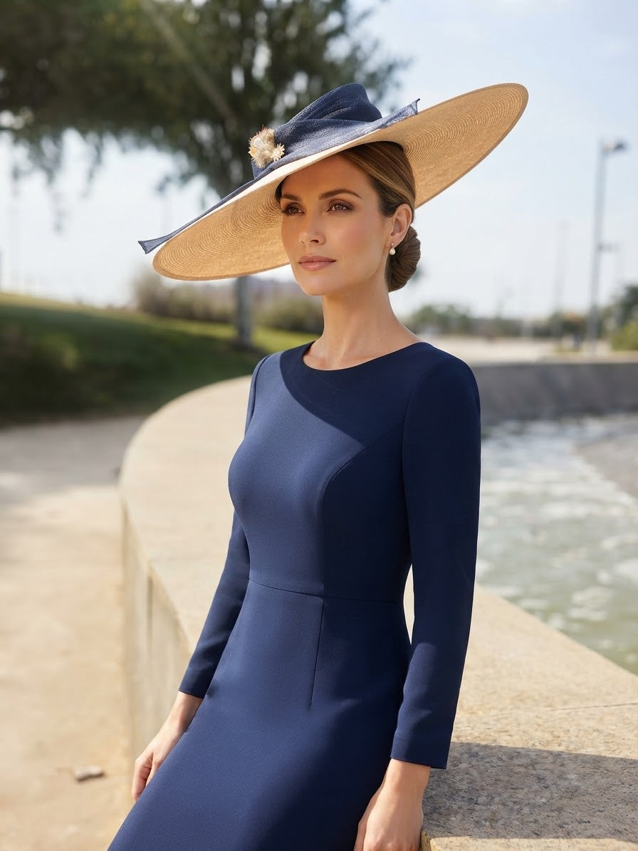 Sombrero pamela de ala ancha de paja con copa azul marino y cinta