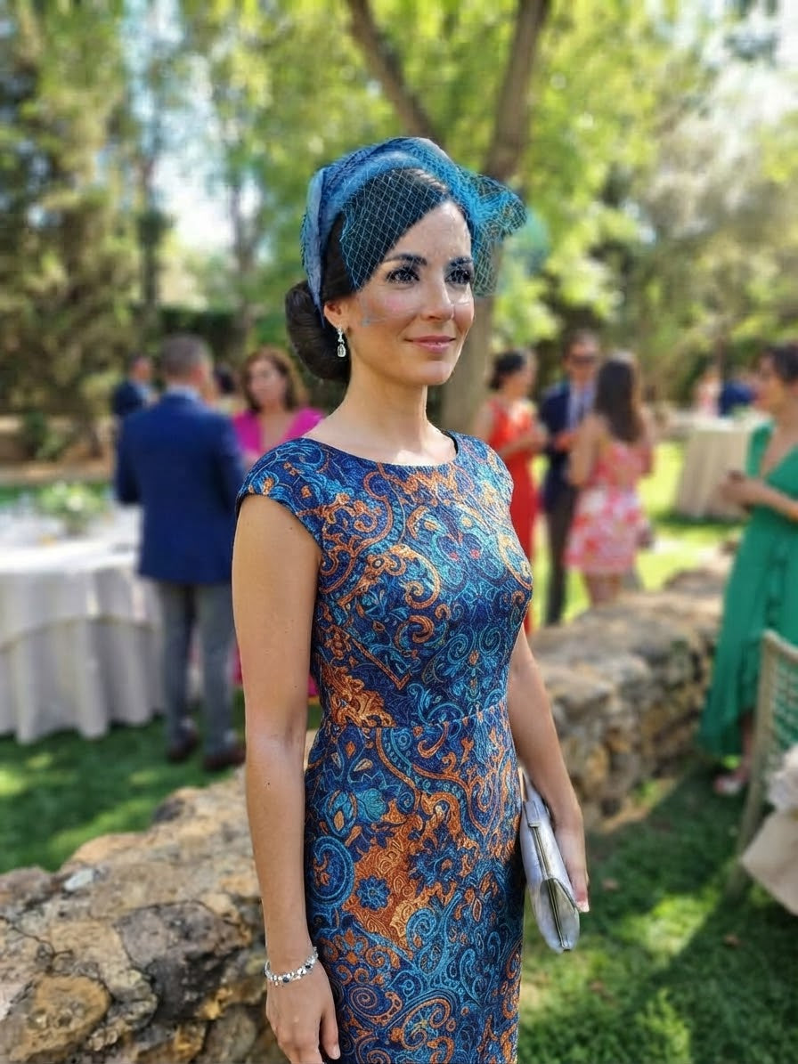 Diadema Águeda azul con velo de malla en el peinado, usada por una modelo