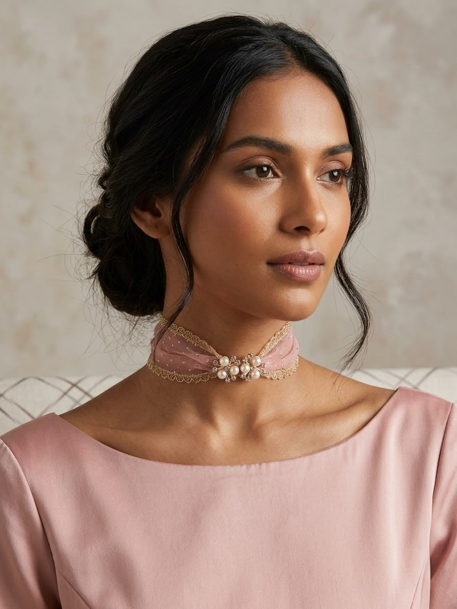 Choker rosa con tul transparente y cuentas tipo perla, sobre el cuello.
