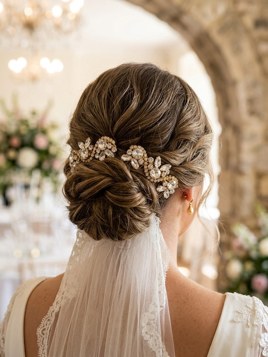 Peina para el cabello con pedrería dorada y cristales, sujeta en moño