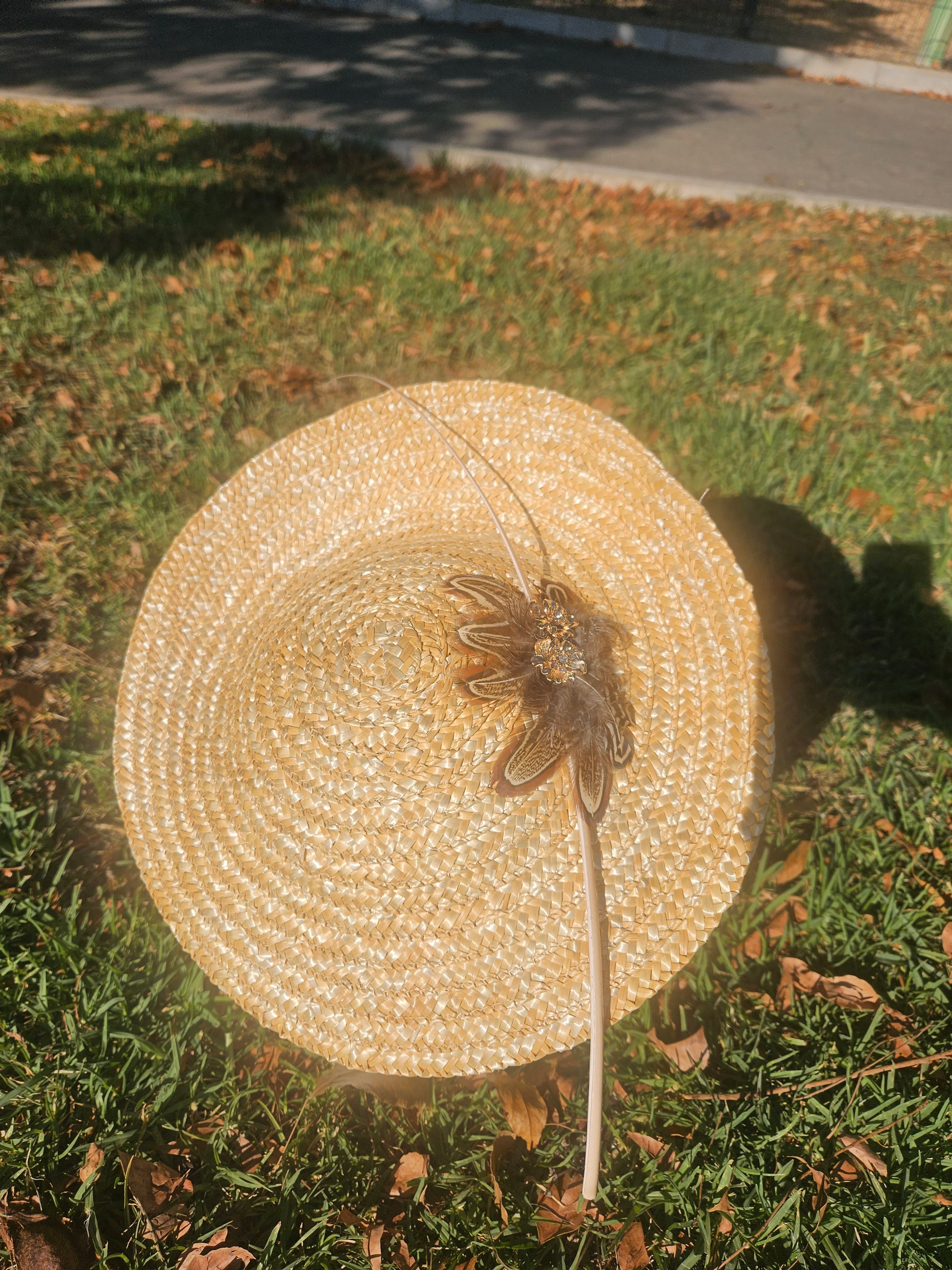 Sombrero tipo pamela beige visto desde arriba con tocado central de plumas