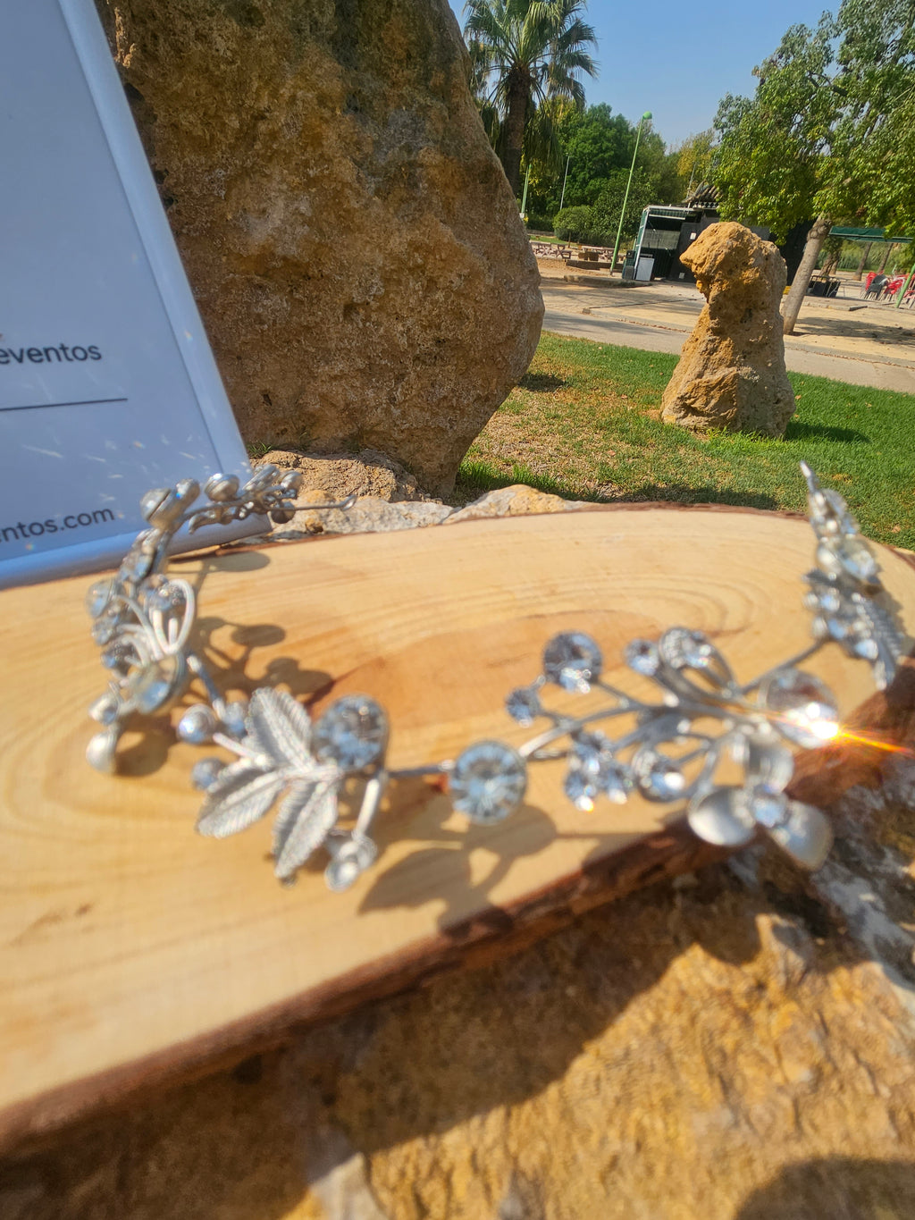 Tiara de novia Claudia plateada con detalle central de pedrería y ramas