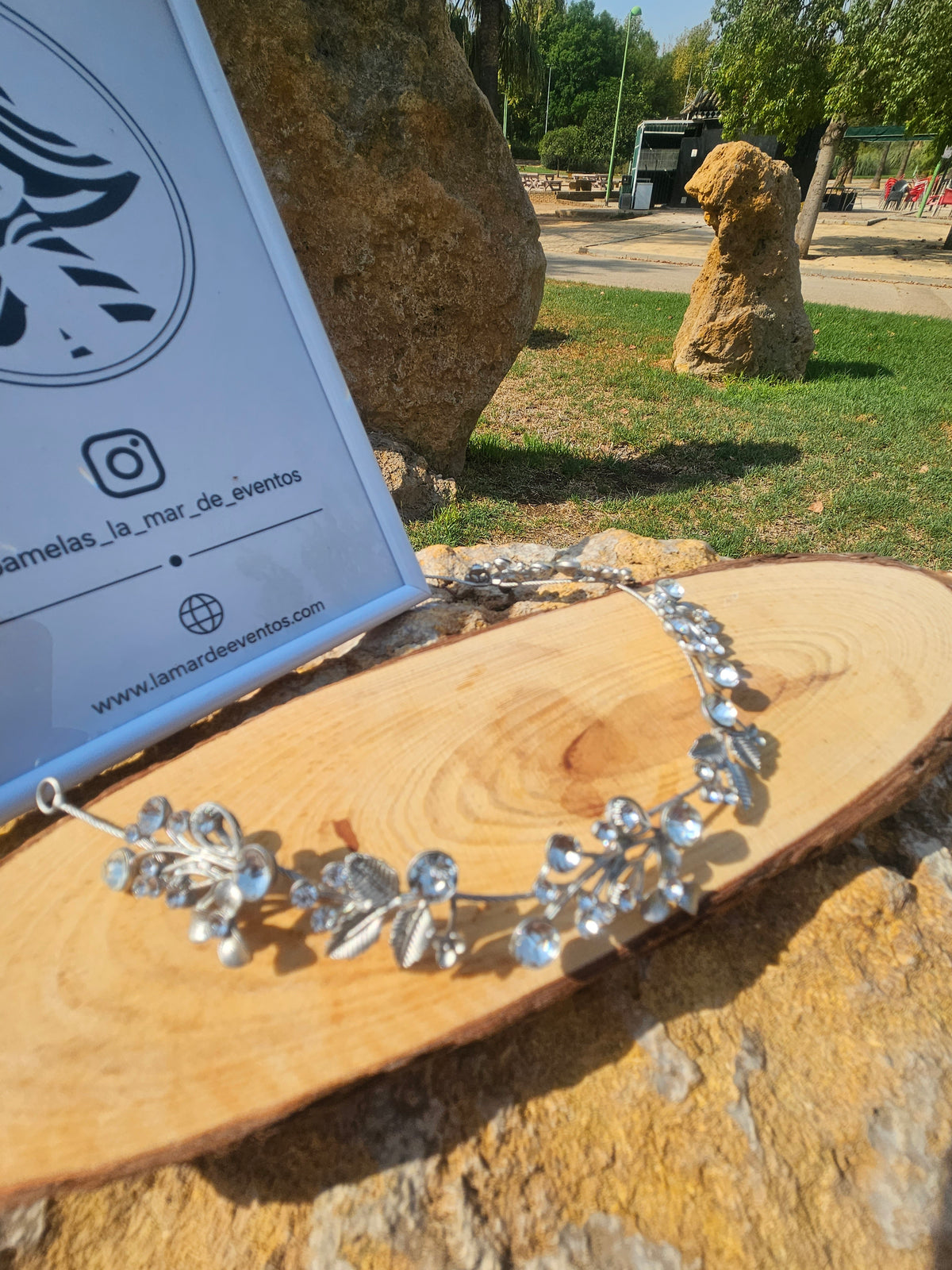 Tiara de novia Claudia plateada con pedrería circular y ramas ornamentales