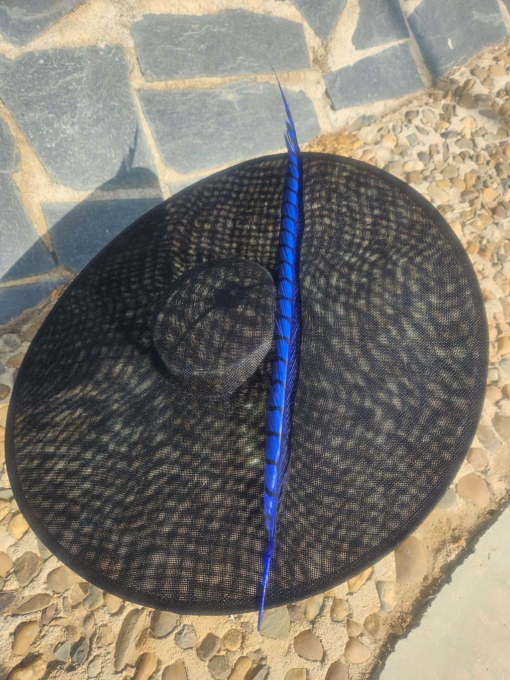 Sombrero negro de ala ancha con banda azul y pluma decorativa en el centro
