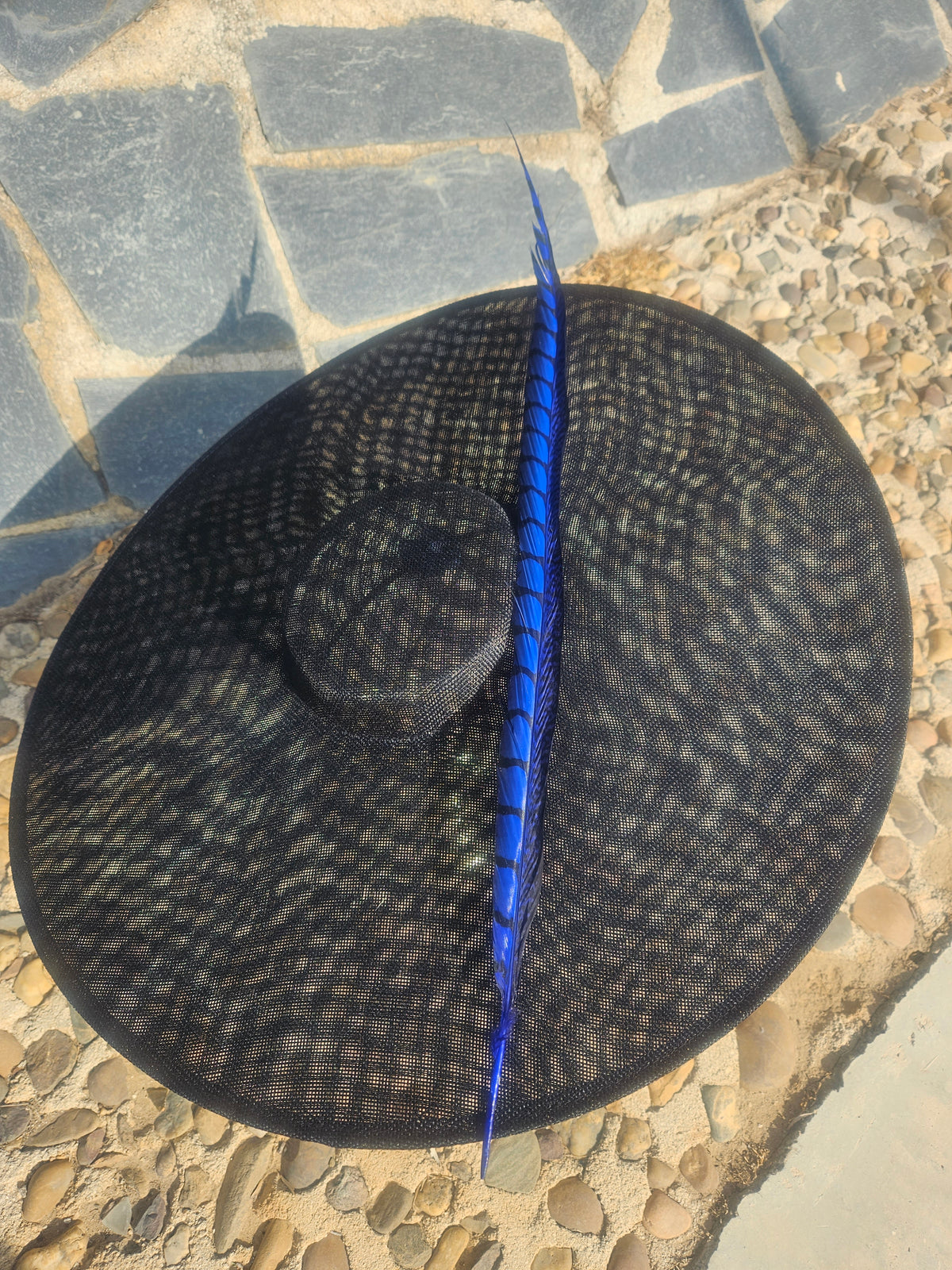 Sombrero negro de ala ancha con banda azul y pluma decorativa en el centro