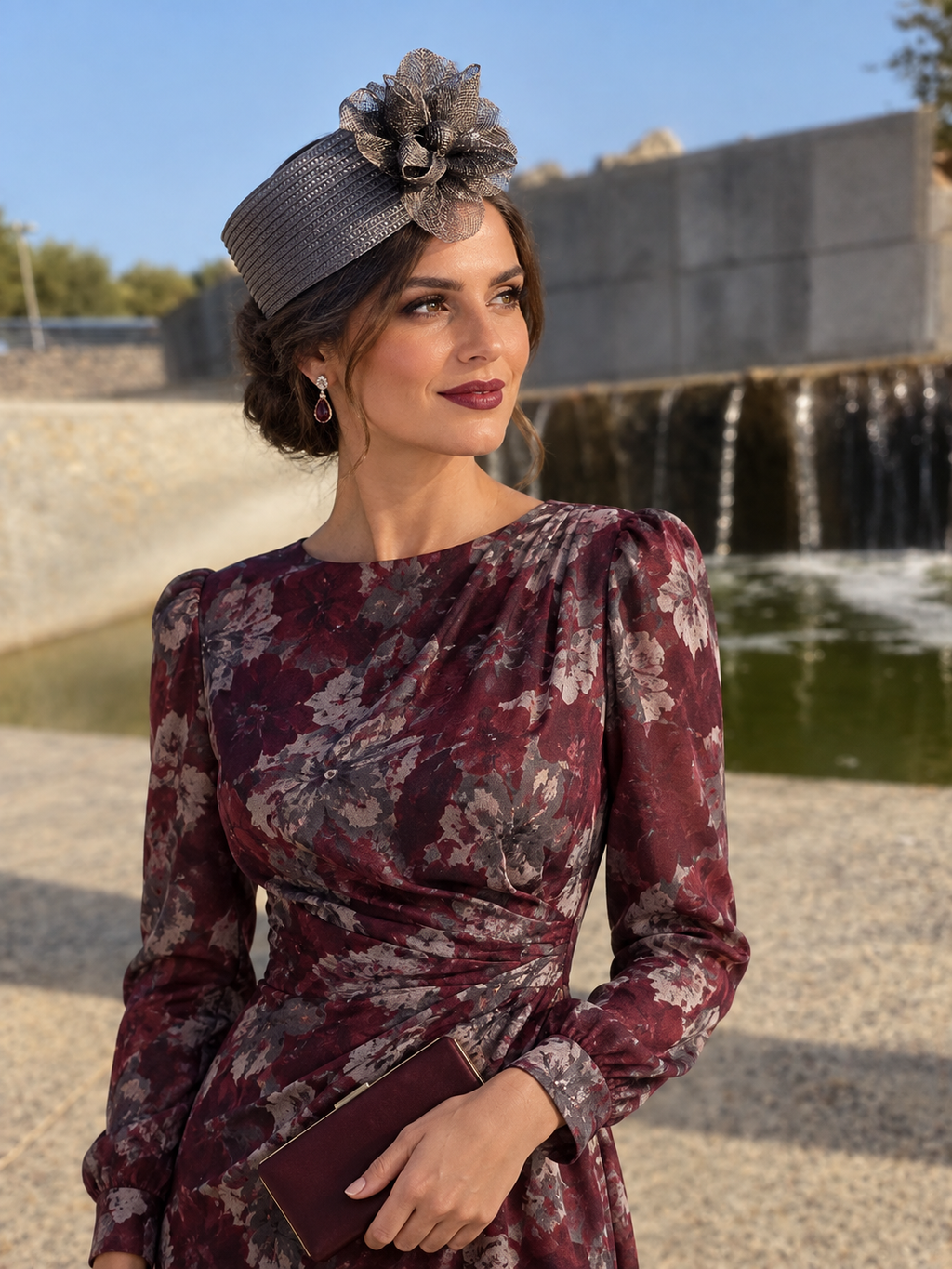 Sombrero casquete oscuro con flor lateral decorativa