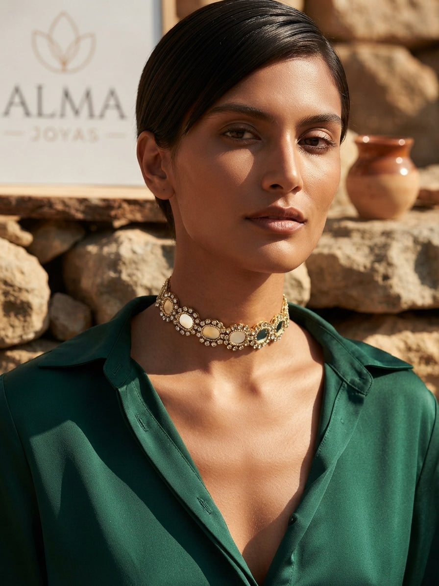 Collar choker con pedrería ovalada dorada y piedras azules