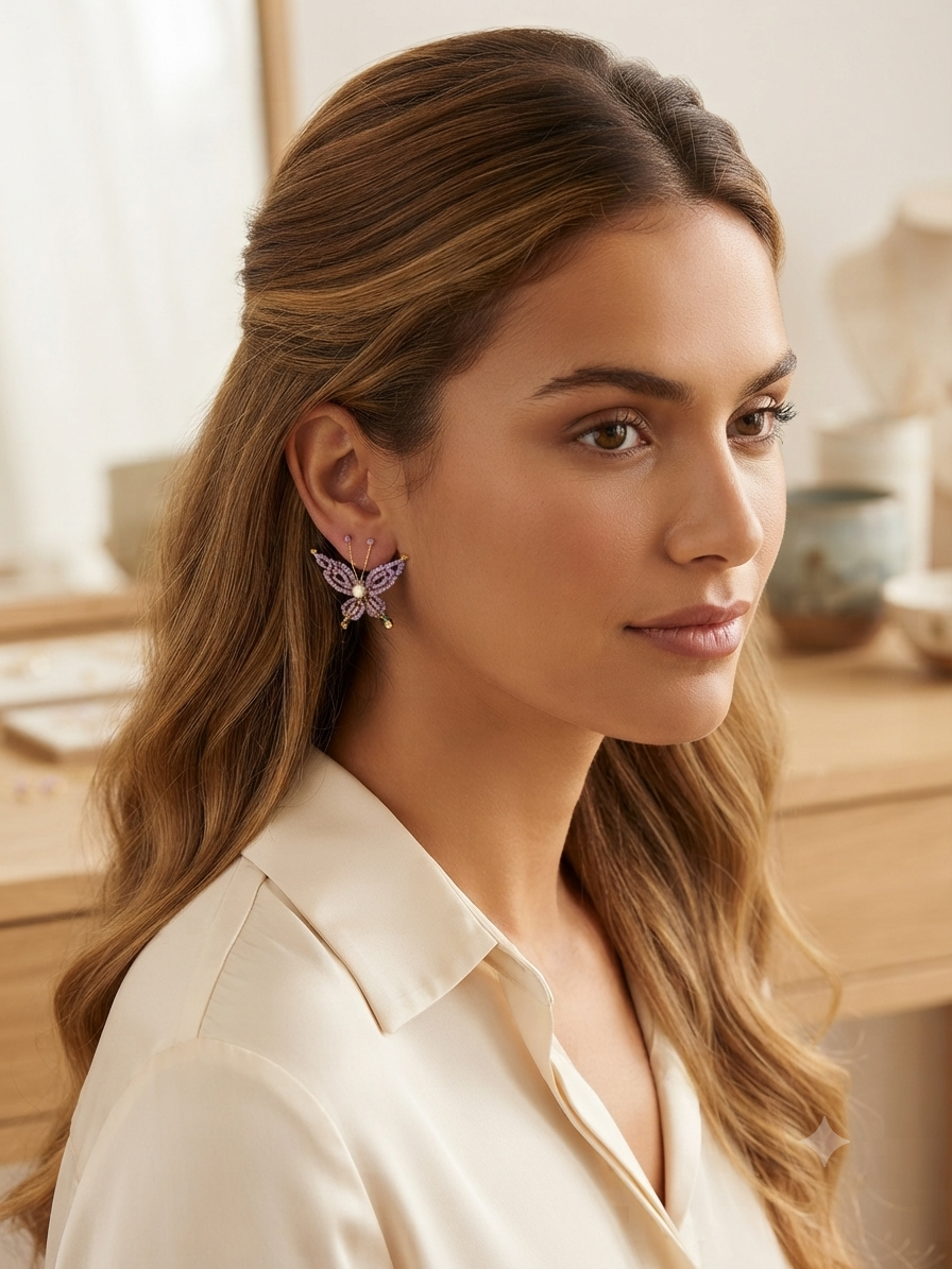 Pendientes con mariposa morada de abalorios y perla, con gancho dorado en la oreja