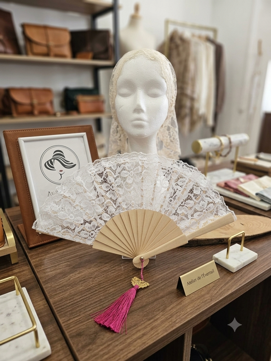 Abanico de encaje blanco con varillas de madera y borla fucsia en mesa de tienda