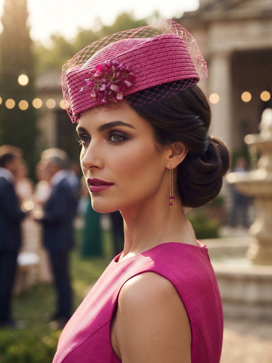 Sombrero fucsia tipo pillbox con velo de malla y adorno floral, usado de lado