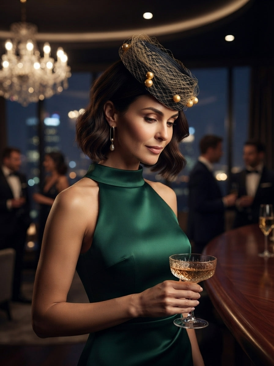 Sombrero fascinador de malla dorada con adorno negro y perlas