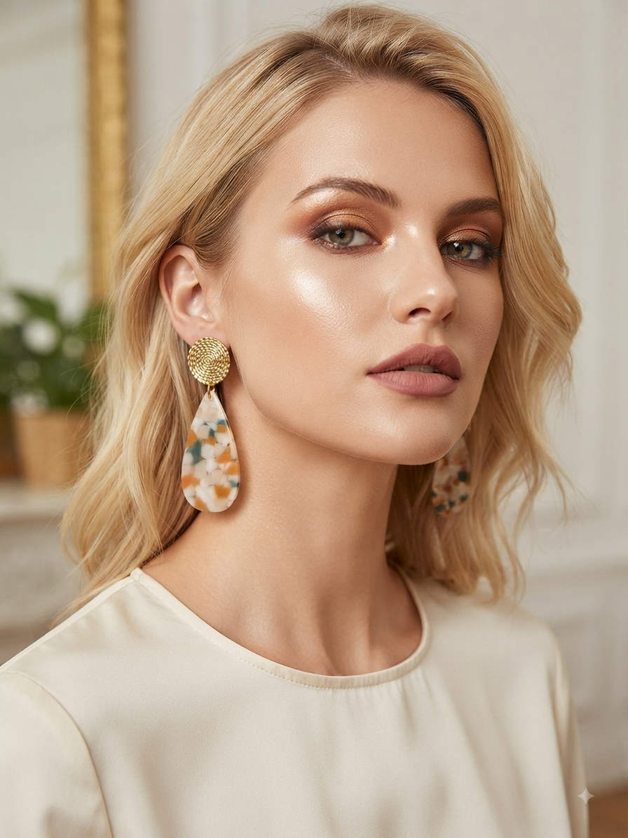 Pendiente colgante con disco dorado y lágrima de resina multicolor, en modelo
